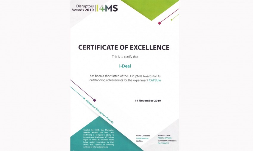 i-Deal é stata selezionata come uno dei 4 migliori progetti del bando Horizon 2020 - I4MS disruptive award